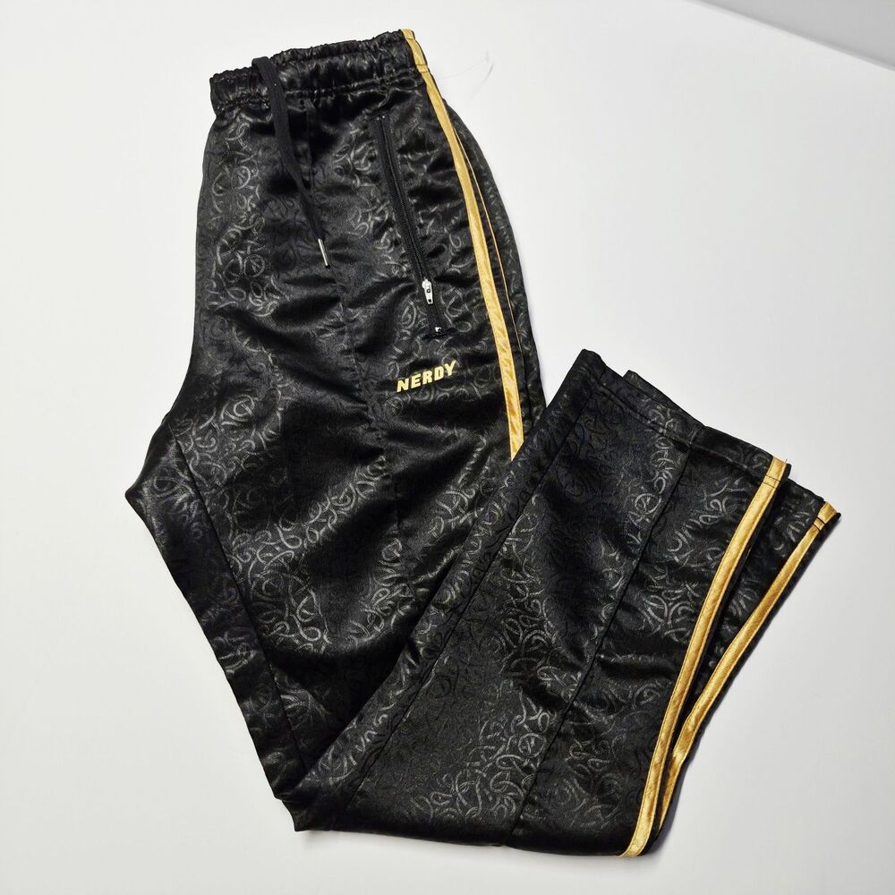 NERDY Korean Streetwear Symbol Pattern Track Pants Black Gold Stripe Size S